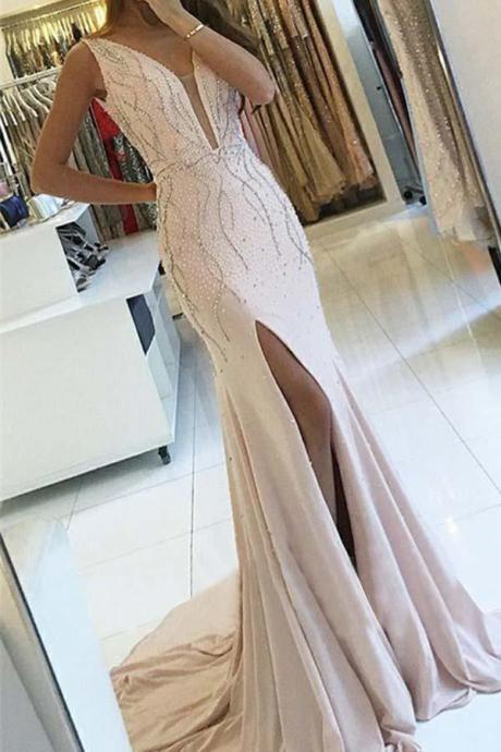 Sheath V-neck Sweep Train Pearl Pink Backless Prom Dress With Beading M1647