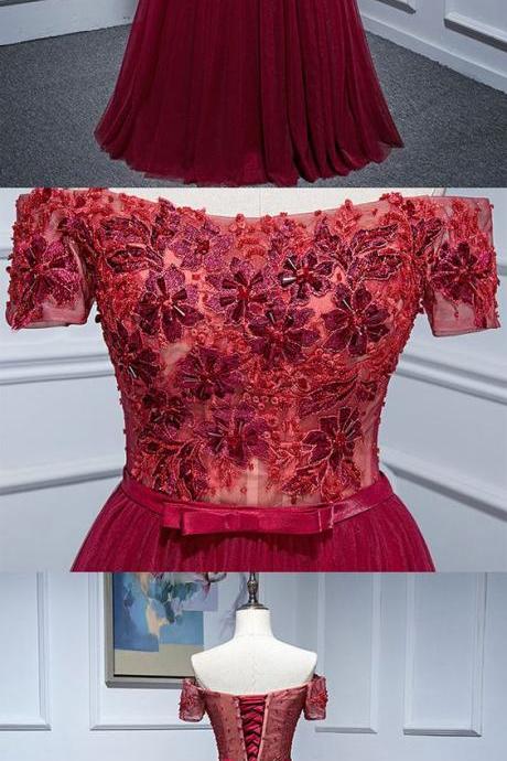 Burgundy Lace Off Shoulder Long Prom Dress, Burgundy Evening Dress M1653