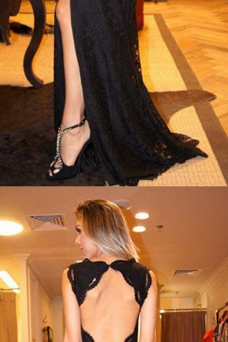 Black Evening Prom Dress Fancy Long Evening Dresses With Tulle Sheath/column Open-back Side Split Dresses M1658