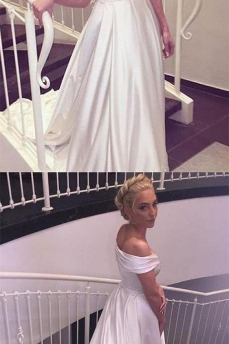 A-line Off-the-shoulder Simple White Long Wedding Dress With Train M1662