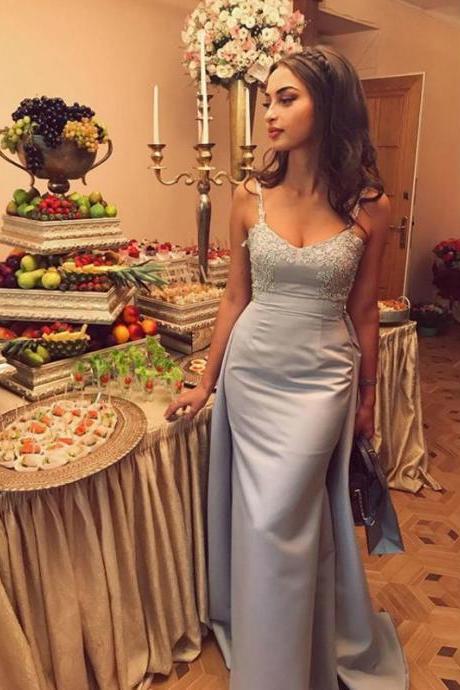 2018 Sheath/column Prom Dresses Light Sky Blue Spaghetti Straps Modest Long Prom Dress Evening Dresses M1663