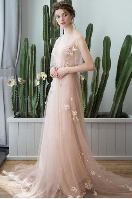 Chic A-line Prom Dresses Floor-length Tulle Half Sleeve Long Prom Dress Evening Dresses M1668