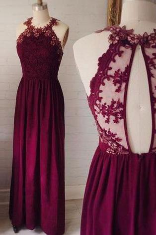 2018 A-line Prom Dresses Grape Scoop Floor-length Chiffon Lace Prom Dress Evening Dresses M1674