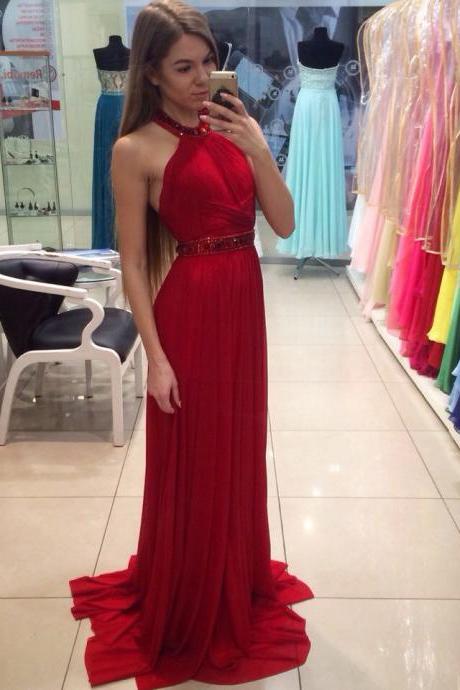 A-line Halter Red Long Prom/evening Dress With Beading M1685