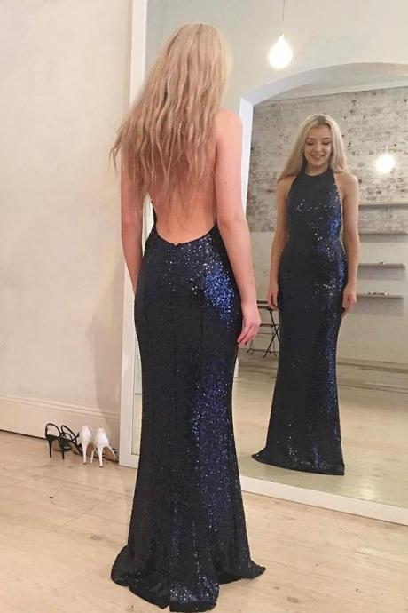 Sexy Mermaid Halter Backless Navy Blue Sequined Long Prom/evening Dress M1687