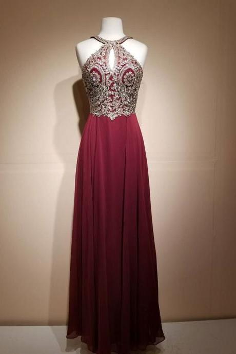 Sexy A Line Straps Backless Gold Lace Burgundy Chiffon Prom Dress M1693