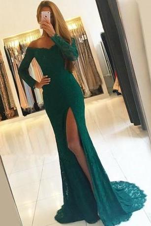 Mermaid Off The Shoulder Split Front Green Lace Prom Dress With Beading M1698