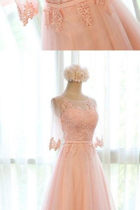 Customized Applique Pink Prom Evening Dresses Colorful Long Round Sleeveless Lace Up Dresses M1703