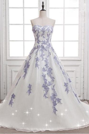 White Tulle Strapless Long A-line Senior Prom Dress With Blue Lace Appliques M1711