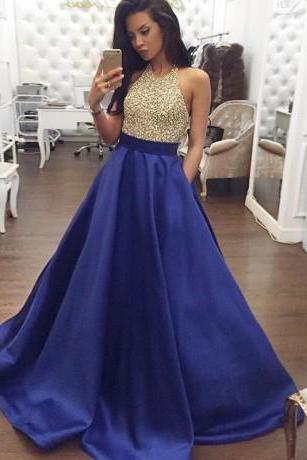 A-line Halter Backless Royal Blue Satin Prom Dress With Beading Pockets M1712