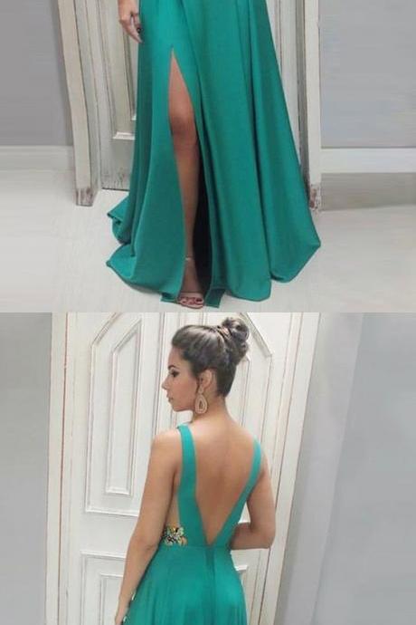 A-line Deep V-neck Sweep Train Green Satin Backless Prom Dress With Appliques M1717