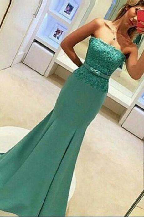 Mermaid Strapless Sweep Train Green Satin Prom Dress With Appliques Belt M1728