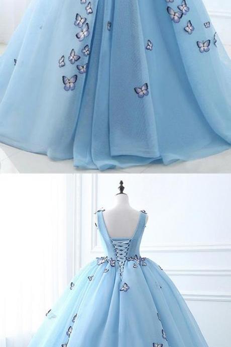 Ball Gown Deep V-neck Court Train Blue Tulle Prom Dress With Appliques M1729