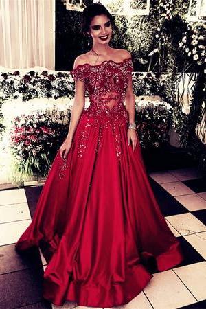 Lace Beaded Off Shoulder Long Evening Dresses Satin Prom Gowns 2018 M1732