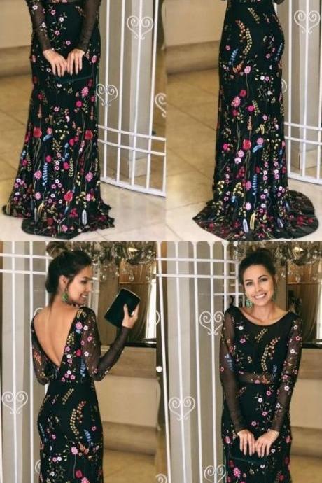Mermaid Round Neck Backless Sweep Train Black Tulle Prom Dress With Applqiues M1739