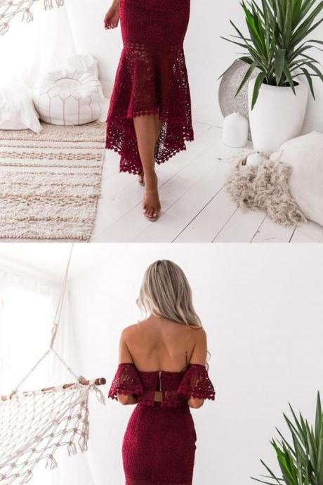Two Piece Mermaid Off The Shoulder High Low Burgundy Lace Prom Dress M1742