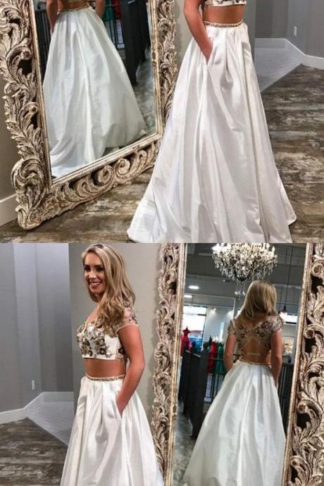 Two Piece Scoop Floor-length White Satin Prom Dress With Beading Pockets M1743