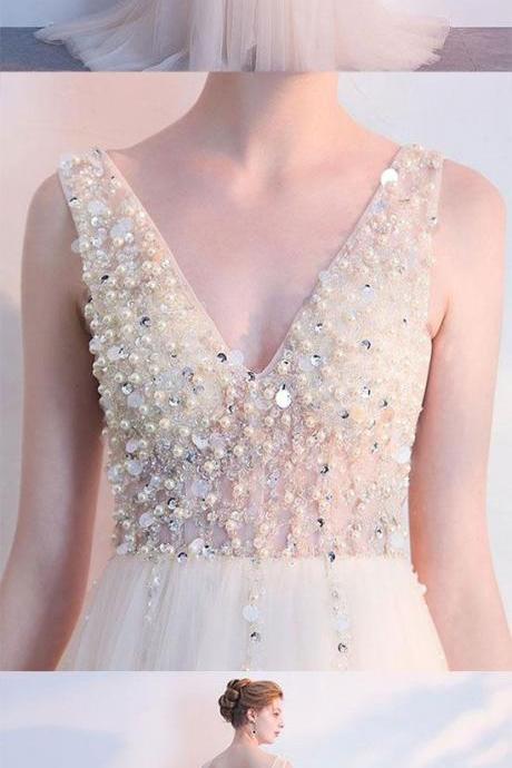 Custom Made V-neckline Pearl And Sequin Beaded Tulle Formal Long Evening Dress, Prom Dresses, Wedding Gowns