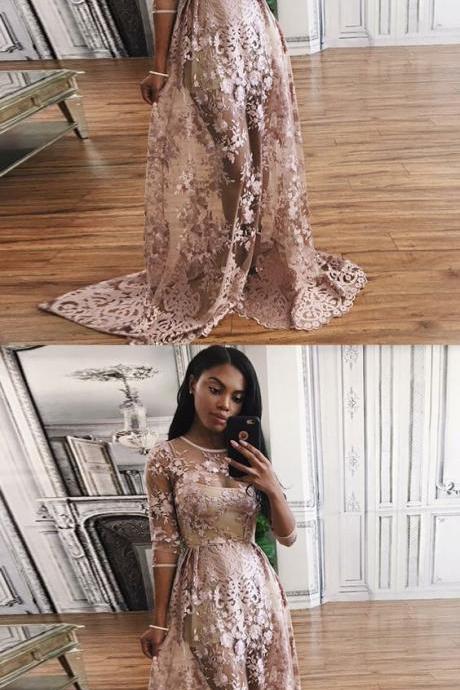 A-line Round Neck Blush Lace Prom Dress With Appliques M1768