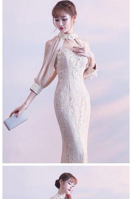 Chic Dress,mermaid Prom Dress,high Neck Long Sleeve,lace Prom Dress Evening Dress M1783