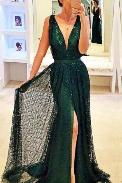 V-neck Dark Green Prom Dress,long Prom Dresses,charming Prom Dresses,evening Dress, Prom Gowns, Formal Women Dress M1804