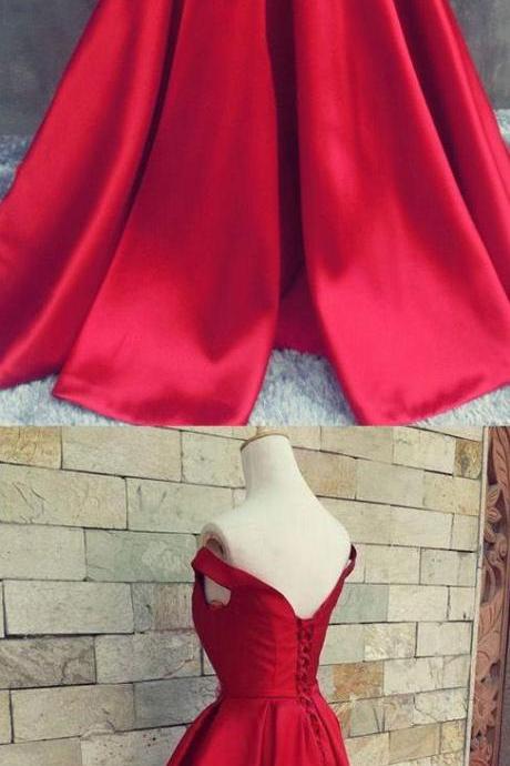 Sweep Train Prom Evening Dress Long Red Dresses With Lace Up Pleated Off-the-shoulder Morden Evening Dresses M1813