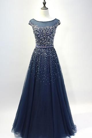 Dark Blue Tulle Sequins Round Neck Full-length Prom Dresses, A-line Evening Dresses With Straps M1814