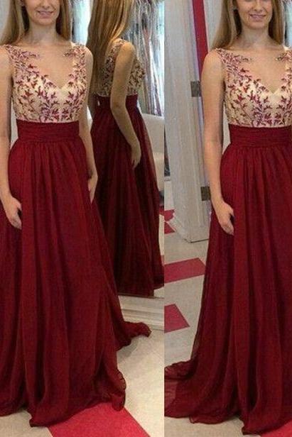Burgundy Appliques Charming A-line Prom Dresses,long Evening Dresses,prom Dresses M1821