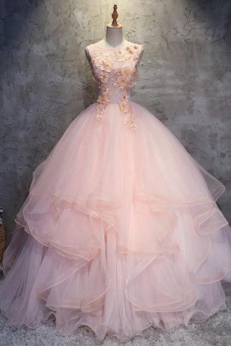 Pink Round Neck Tulle Lace Applique Long Prom Dress, Pink Evening Dress M1822