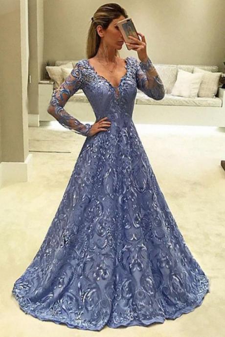 A-line Prom Dresses,v-neck Prom Gown,long Sleeves Prom Dress,blue Prom Dresses,long Evening Dress,lace Prom Dress M1824