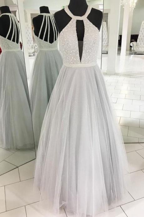 2018 Elegant Fashion Sexy Halter Tulle Beaded A Line Custom Grey Long Evening Prom Dresses M1847