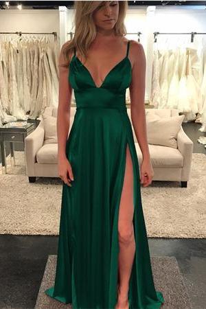 A-line V-neck Long Satin Evening Dresses Split Prom Gowns 2018 M1853