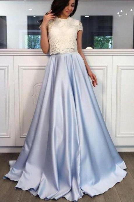 Two Pieces High Neck Short Sleeve Blue Skirt A Line Long Evening Prom Dresses M1867