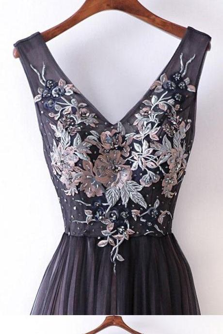 Long Prom Dresses Straps V-neck A-line Embroidery Sexy Black Prom Dress M1872