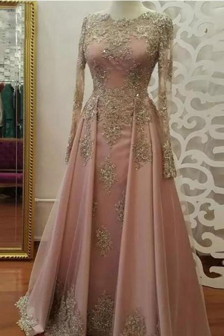 2018 A-line Prom Dresses Scoop Long Sleeve Pink Applique Long Prom Dress Evening Dresses M1889
