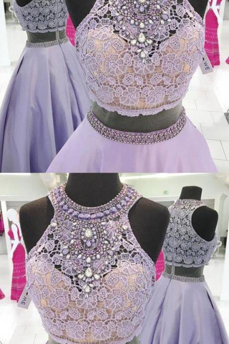 A-line Jewel Sleeveless Sweep Train Lilac Prom Dress With Lace Beading M1892