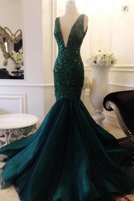 Plunging Neck Mermaid Atrovirens Prom Dress With Sequin Appliques Lace V Back Evening Dress M1902