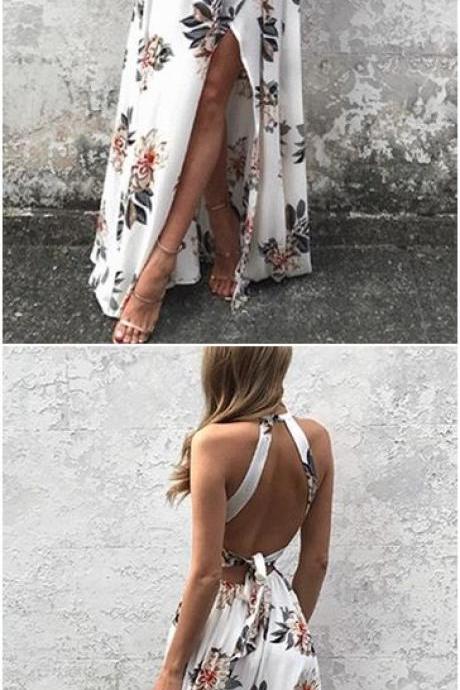 White Side Split Back Lace-up Random Floral Print Sleeveless Dress M1909