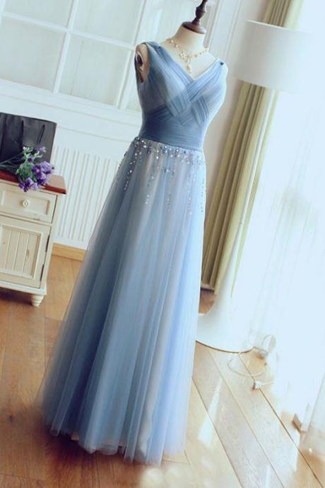 Chic Prom Dress A-line V-neck Blue Tulle Evening Dress M1910