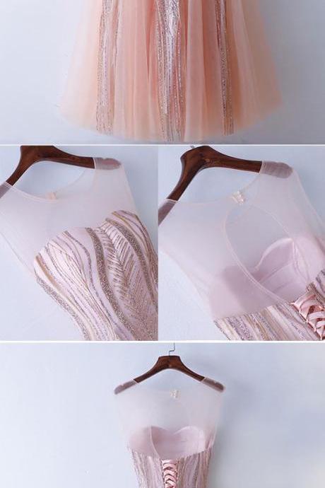 Unique Illusion Neckline Sparkly Pink Prom Dress Long Tulle M1911