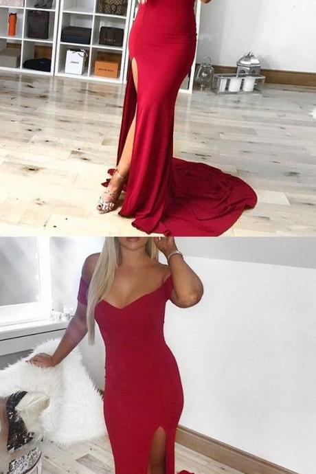 Mermaid Off-the-shoulder Short Sleeves Sweep Train Red Prom Dress With Split M1913
