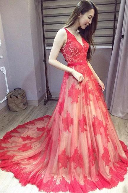 Red V Neck Lace Long Prom Dress, Red Lace Evening Dress M1926