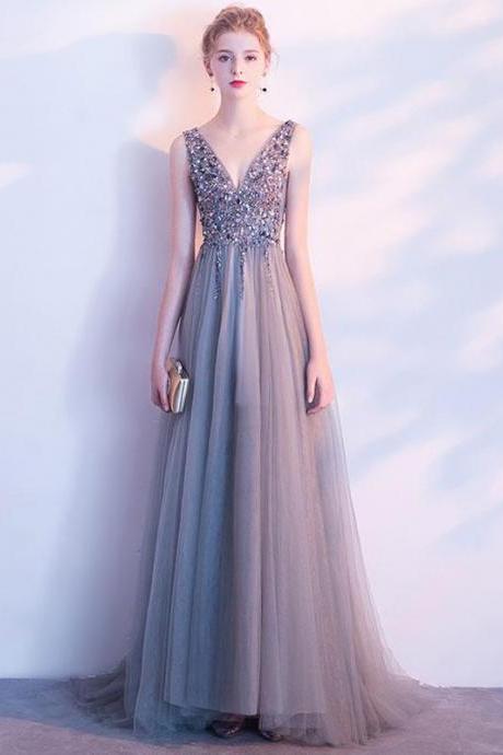 Gray V Neck Beaded Tulle Long Prom Dress, Gray Evening Dress M1927