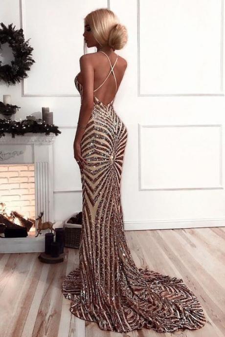 Sexy V Neck Straps Mermaid Rose Gold Sequins Long Evening Dress M1932