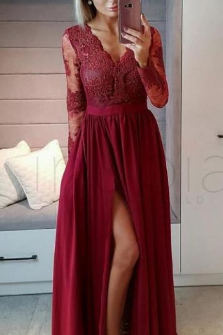 Long Sleeves Burgundy Chiffon Long Prom Dress With Side Slit M1935