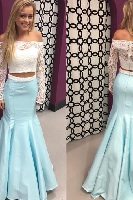 Gorgeous Two Piece Off The Shoulder White Lace And Ice Blue Mermaid Long Prom Dress M1936