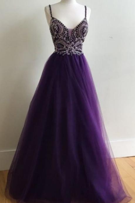 Purple Prom Dresses, Long Prom Dresses, Long Purple Prom Dresses With Beaded/beading Floor-length Straps M1949