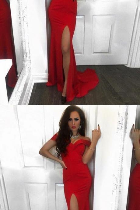Mermaid Off The Shoulder Sweep Train Red Stretch Satin Prom Dress M1970