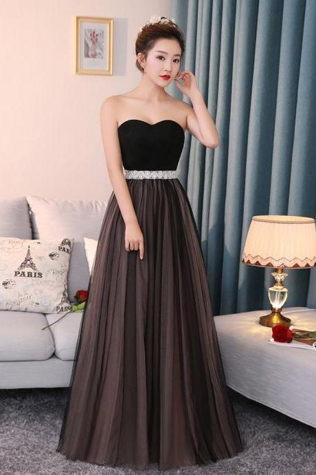 Chic Long Prom Dress A-line Sweetheart Chocolate Sleeveless Ruffles Tulle Evening Dress M1990