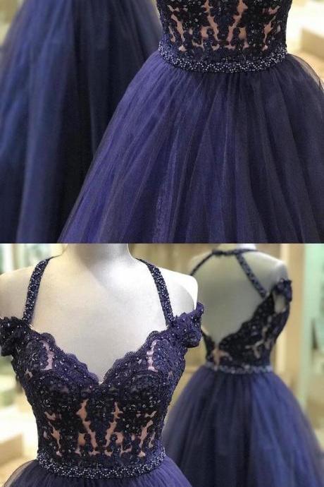 A-line Halter Backless Navy Blue Prom Dress With Lace Beading M1994